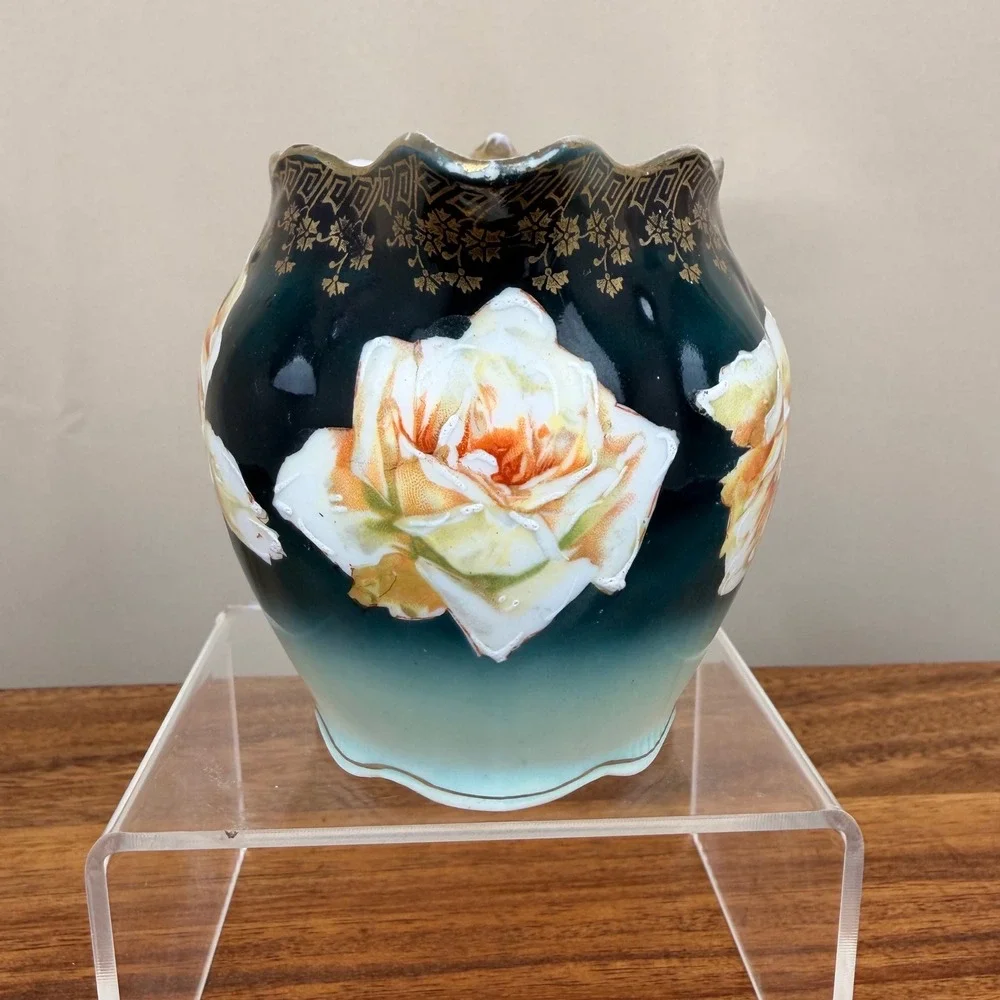 Z.S. & Co Bavaria Antique Hand Painted Creamer Teal Gold Gilt Roses German China